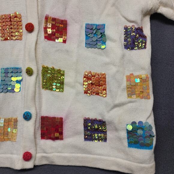 Terazzo Cardigan Sweater Womens Large White Short Sleeve V Neck Sequin Patchwork - Picture 12 of 16